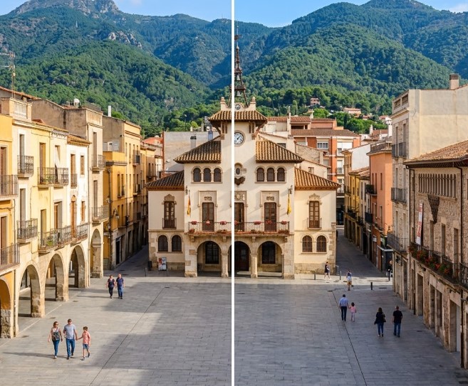 Vistas de las zonas peatonales, el casco histórico, y el entorno montañoso del Montseny en Sant Celoni